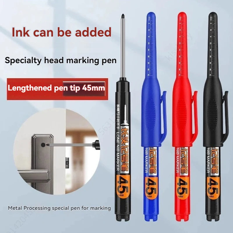1-12Pcs Multi-Purpose 45mm Deep Drill Hole Long Nib Waterproof Marker Pens for Bathroom Woodworking Long Head Carpenter Pen