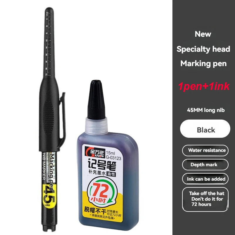 1-12Pcs Multi-Purpose 45mm Deep Drill Hole Long Nib Waterproof Marker Pens for Bathroom Woodworking Long Head Carpenter Pen