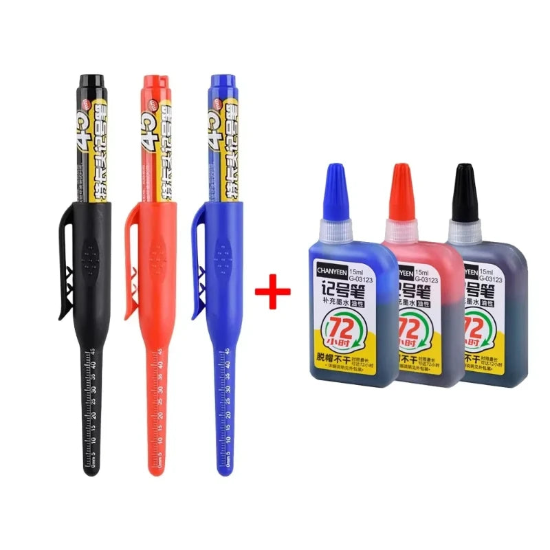 1-12Pcs Multi-Purpose 45mm Deep Drill Hole Long Nib Waterproof Marker Pens for Bathroom Woodworking Long Head Carpenter Pen