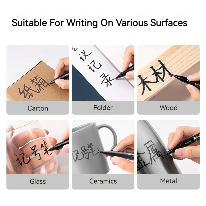 Deli Double-Ended Oil-Based Marker Set 12 Pieces Fine/Thick Art Sketching Outline CD Marking Tool for Students