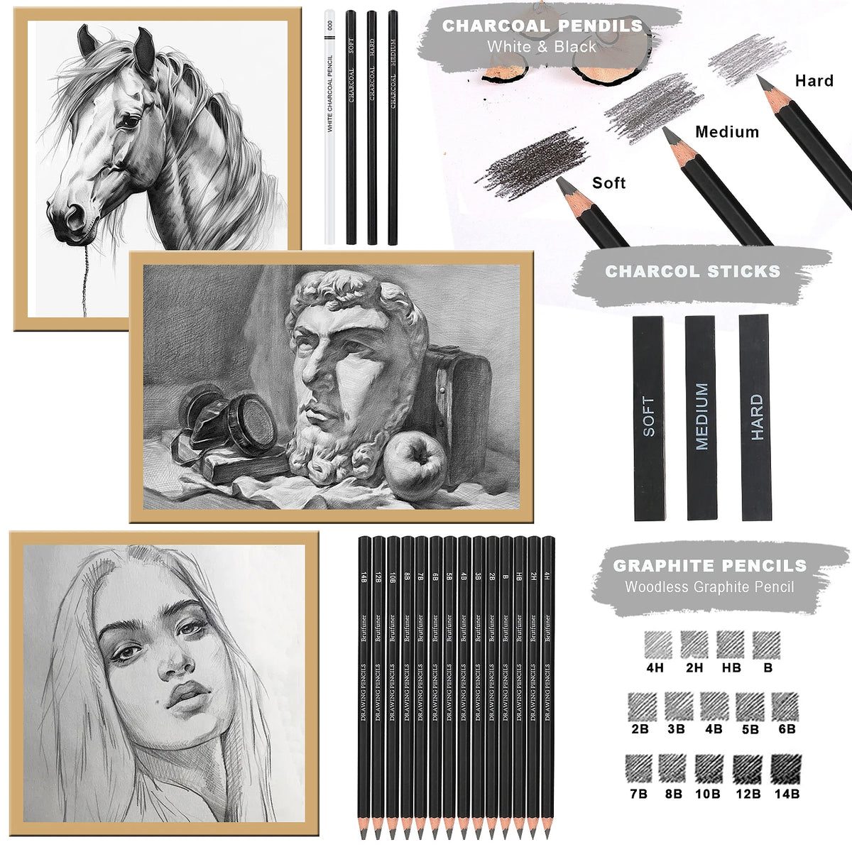 18/29/44pcs Sketch Set, Graphite and Charcoal, Professional Art Painting Kit for Artists, Adults, Ideal for Shading