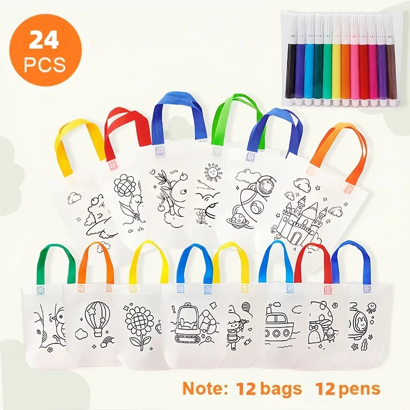 Non-Woven Fabric Hand-Painted Graffiti Bag + Watercolor Pen Set, Cartoon Line Drawing Patterns for DIY Coloring, Blank Painting Tote Bag, Handmade Gift Set