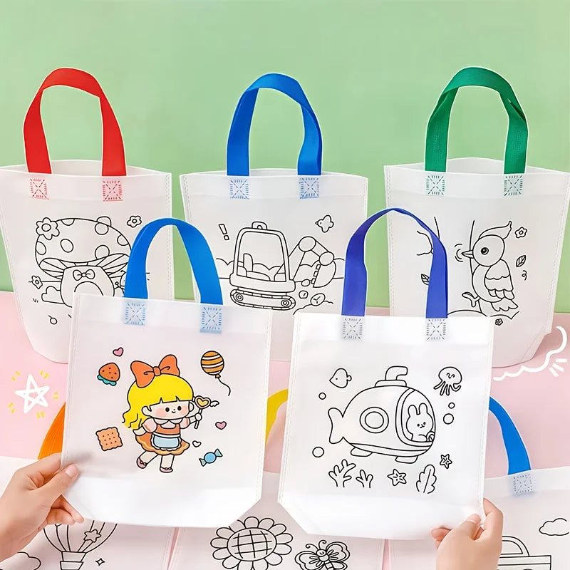 Non-Woven Fabric Hand-Painted Graffiti Bag + Watercolor Pen Set, Cartoon Line Drawing Patterns for DIY Coloring, Blank Painting Tote Bag, Handmade Gift Set