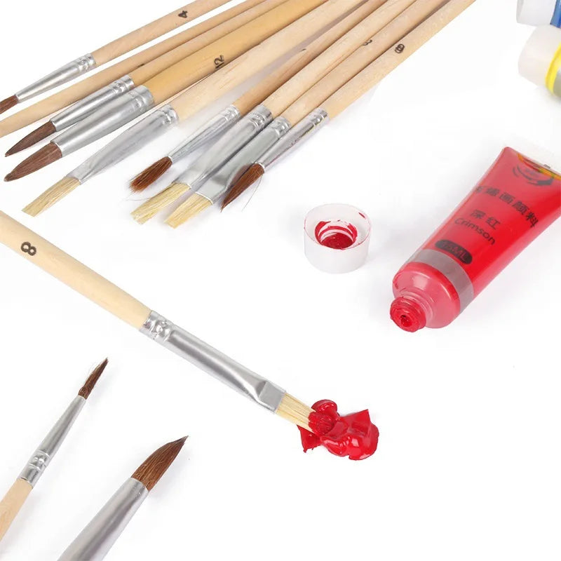 13Pcs Wooden Paint Brush Set, Oil & Watercolor Starter Kit with Palette, Canvas Art Supplies for Beginners