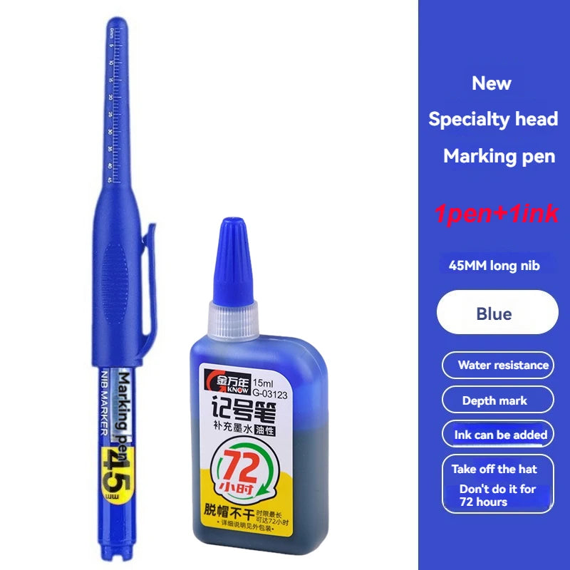 1-12Pcs Multi-Purpose 45mm Deep Drill Hole Long Nib Waterproof Marker Pens for Bathroom Woodworking Long Head Carpenter Pen