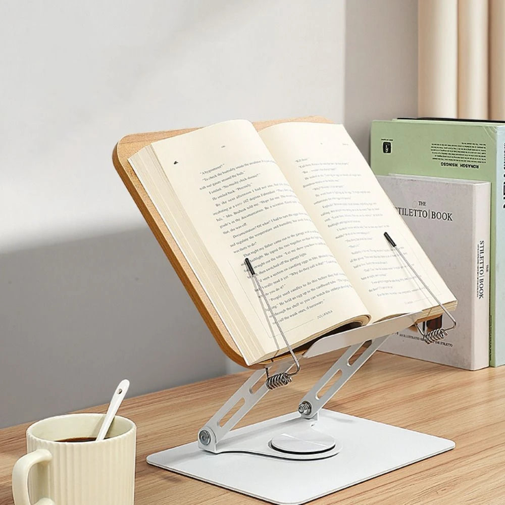 Solid Wood Reading Rack Foldable 360° Rotating Base Book Stand Adjustable with Elastic Page Clips Laptop Holder Desktop Riser