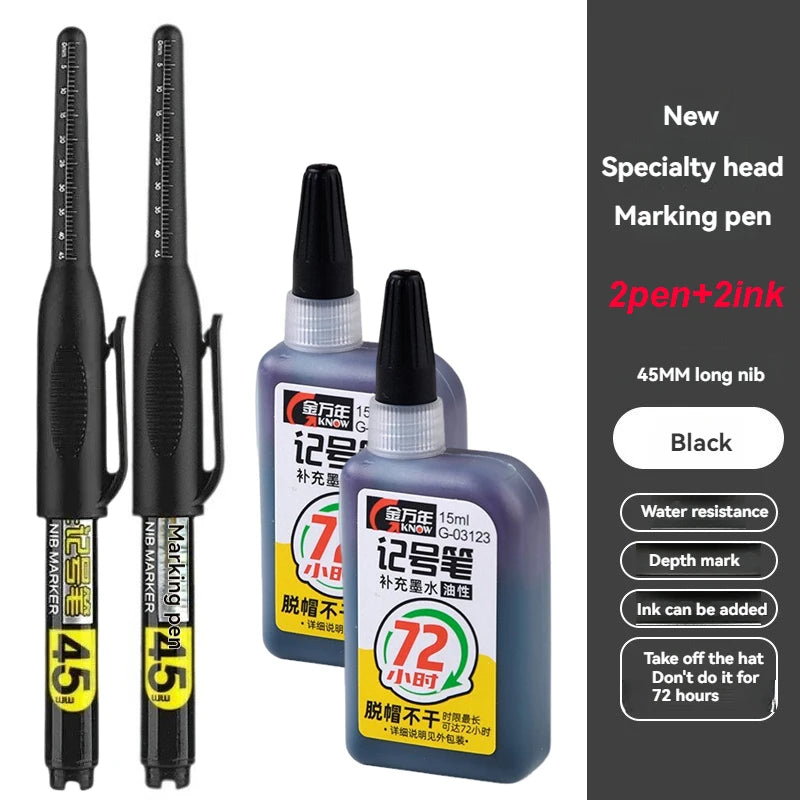 1-12Pcs Multi-Purpose 45mm Deep Drill Hole Long Nib Waterproof Marker Pens for Bathroom Woodworking Long Head Carpenter Pen