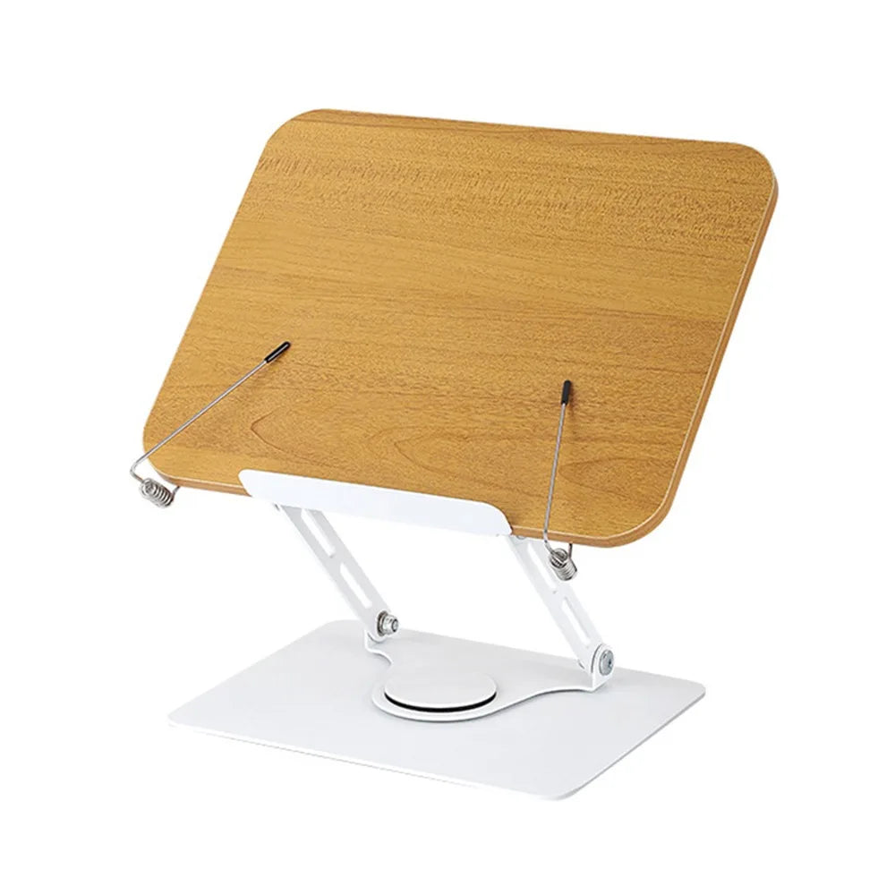 Solid Wood Reading Rack Foldable 360° Rotating Base Book Stand Adjustable with Elastic Page Clips Laptop Holder Desktop Riser