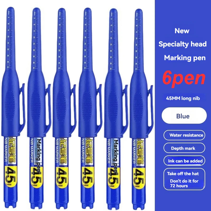 1-12Pcs Multi-Purpose 45mm Deep Drill Hole Long Nib Waterproof Marker Pens for Bathroom Woodworking Long Head Carpenter Pen