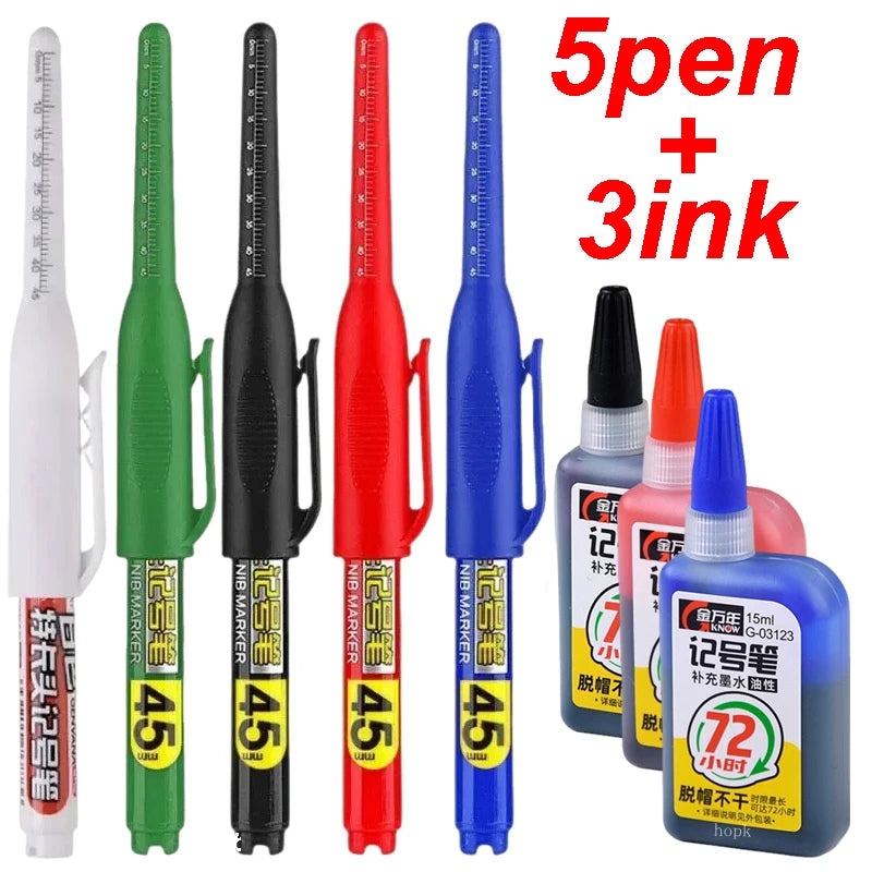 1-12Pcs Multi-Purpose 45mm Deep Drill Hole Long Nib Waterproof Marker Pens for Bathroom Woodworking Long Head Carpenter Pen