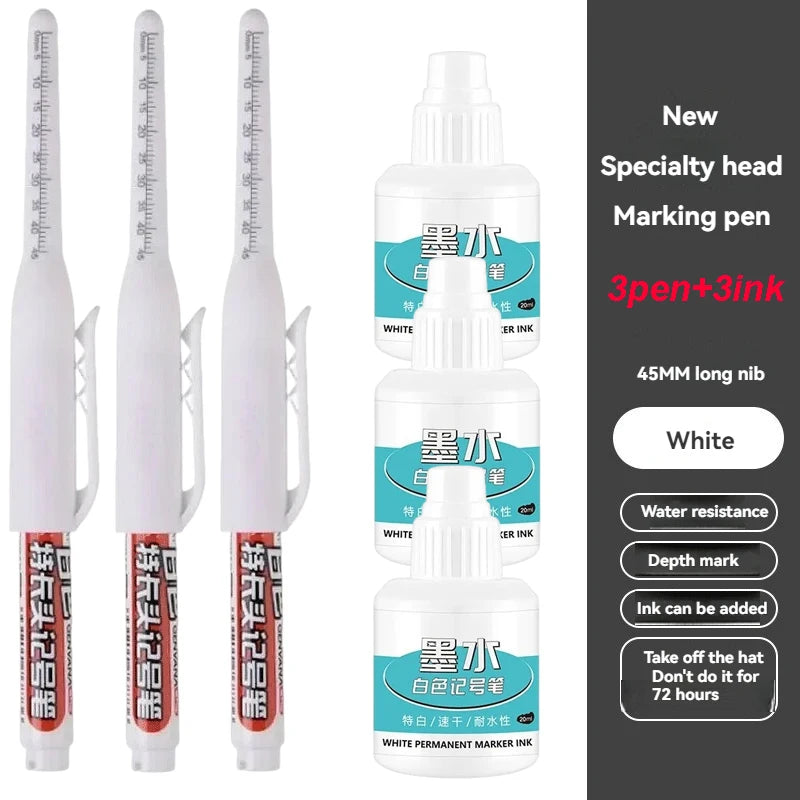 1-12Pcs Multi-Purpose 45mm Deep Drill Hole Long Nib Waterproof Marker Pens for Bathroom Woodworking Long Head Carpenter Pen