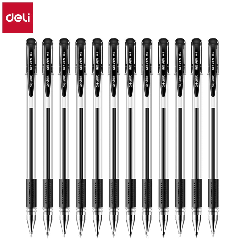 Deli 12-Pack Gel Pen Set 0.5mm Ballpoint Black Blue Red Ink Colors Writing Tools for School Office Stationery Supplies