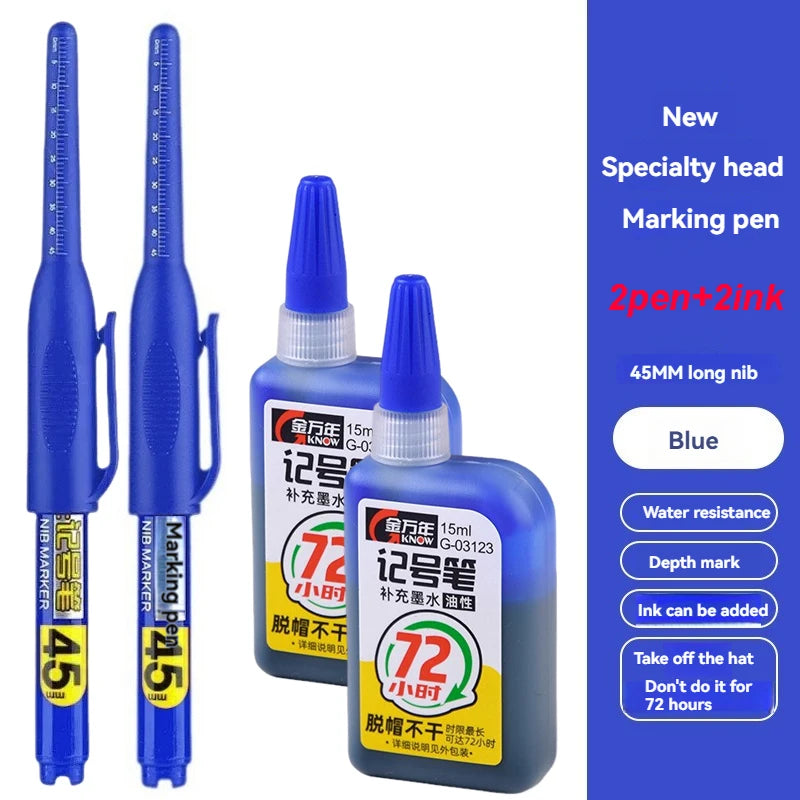 1-12Pcs Multi-Purpose 45mm Deep Drill Hole Long Nib Waterproof Marker Pens for Bathroom Woodworking Long Head Carpenter Pen