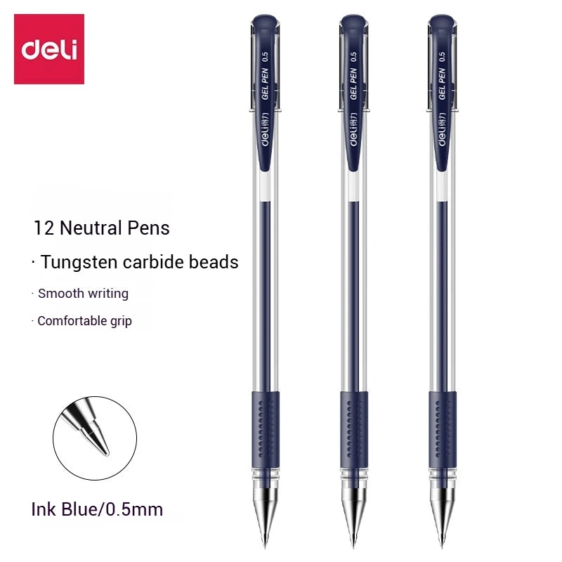 Deli 12-Pack Gel Pen Set 0.5mm Ballpoint Black Blue Red Ink Colors Writing Tools for School Office Stationery Supplies