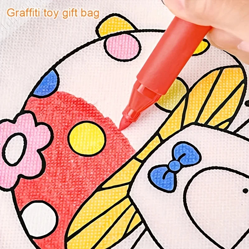 Non-Woven Fabric Hand-Painted Graffiti Bag + Watercolor Pen Set, Cartoon Line Drawing Patterns for DIY Coloring, Blank Painting Tote Bag, Handmade Gift Set