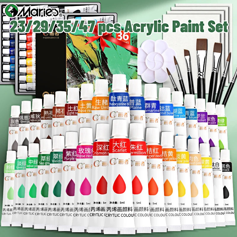 Professional Acrylic Paint Set - 23/29/35/47 pcs, 12/18/24/36 Colors 12ml/0.41floz Tubes Kit for DIY, Rock, Wood, Ceramic
