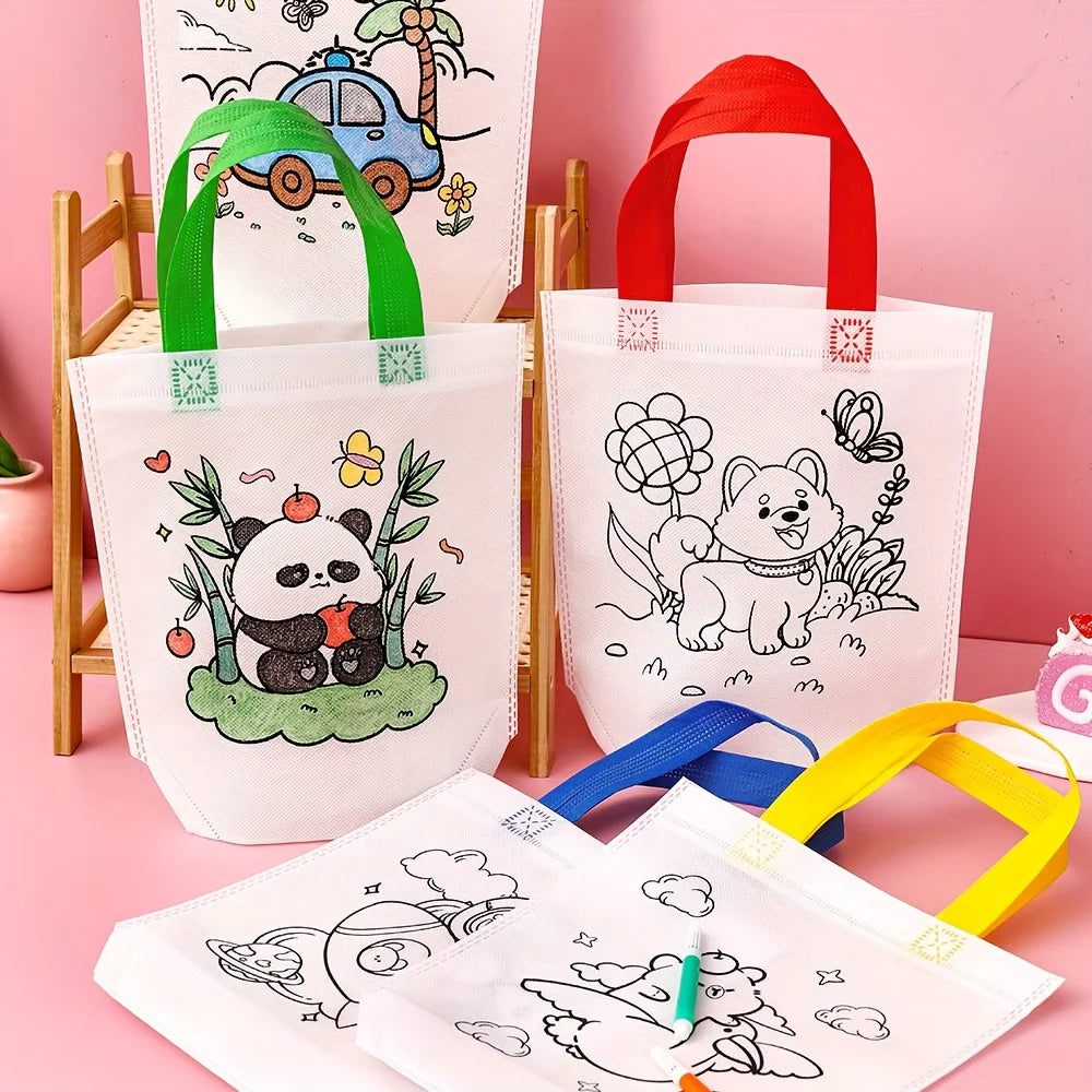 Non-Woven Fabric Hand-Painted Graffiti Bag + Watercolor Pen Set, Cartoon Line Drawing Patterns for DIY Coloring, Blank Painting Tote Bag, Handmade Gift Set