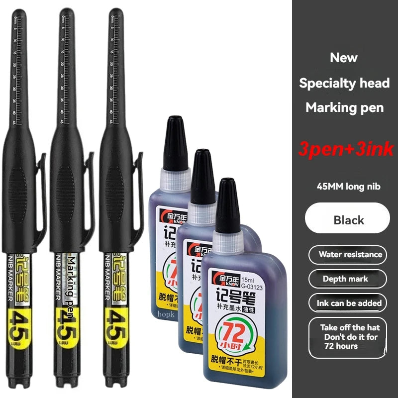 1-12Pcs Multi-Purpose 45mm Deep Drill Hole Long Nib Waterproof Marker Pens for Bathroom Woodworking Long Head Carpenter Pen