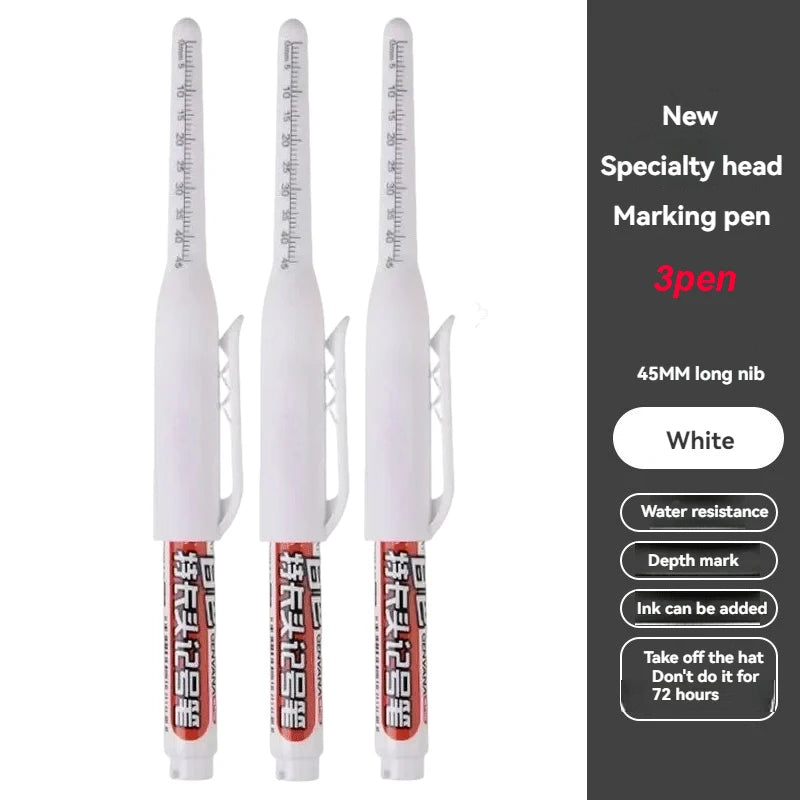 1-12Pcs Multi-Purpose 45mm Deep Drill Hole Long Nib Waterproof Marker Pens for Bathroom Woodworking Long Head Carpenter Pen