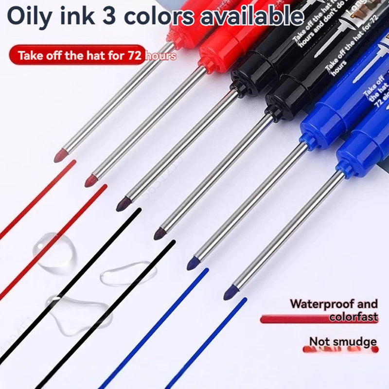 1-12Pcs Multi-Purpose 45mm Deep Drill Hole Long Nib Waterproof Marker Pens for Bathroom Woodworking Long Head Carpenter Pen