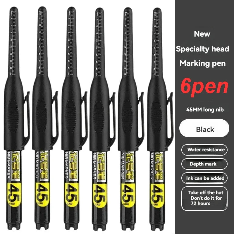 1-12Pcs Multi-Purpose 45mm Deep Drill Hole Long Nib Waterproof Marker Pens for Bathroom Woodworking Long Head Carpenter Pen