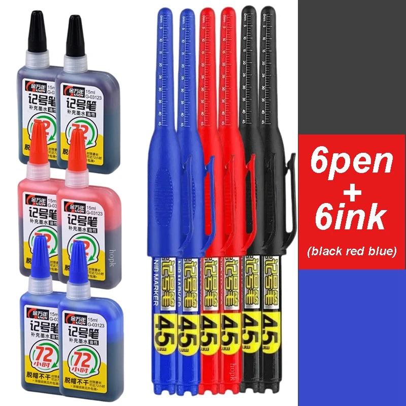 1-12Pcs Multi-Purpose 45mm Deep Drill Hole Long Nib Waterproof Marker Pens for Bathroom Woodworking Long Head Carpenter Pen