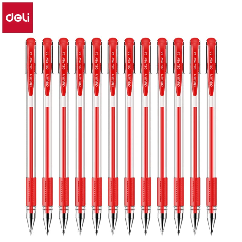 Deli 12-Pack Gel Pen Set 0.5mm Ballpoint Black Blue Red Ink Colors Writing Tools for School Office Stationery Supplies