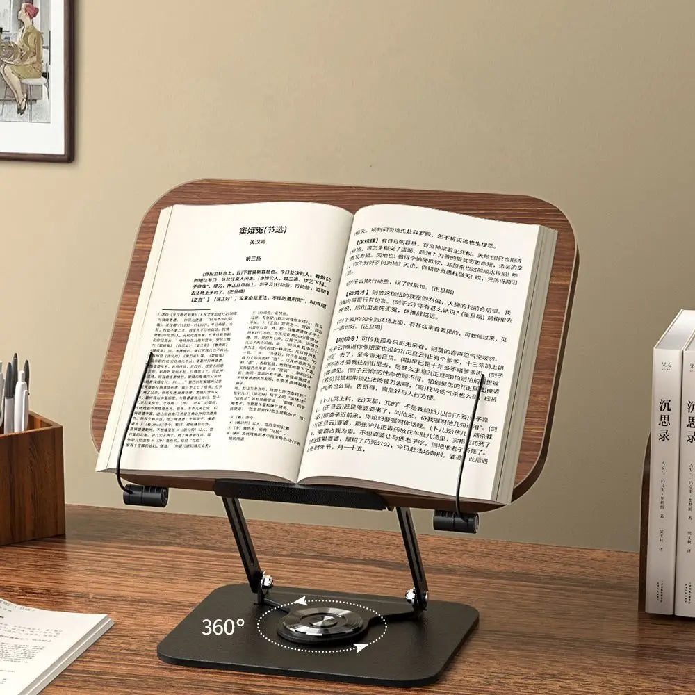 Solid Wood Reading Rack Foldable 360° Rotating Base Book Stand Adjustable with Elastic Page Clips Laptop Holder Desktop Riser