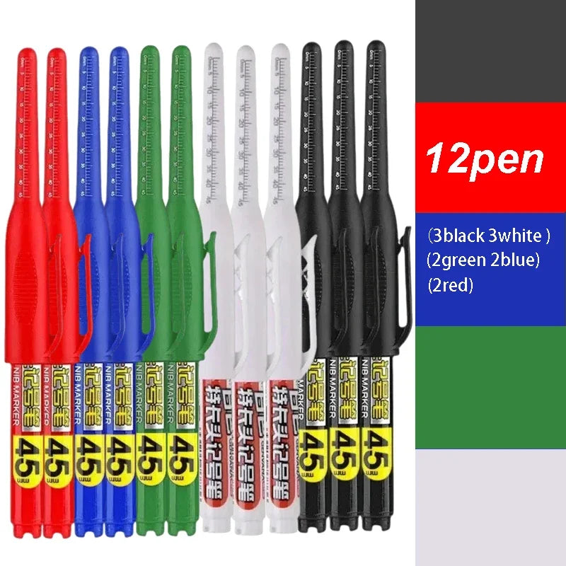 1-12Pcs Multi-Purpose 45mm Deep Drill Hole Long Nib Waterproof Marker Pens for Bathroom Woodworking Long Head Carpenter Pen