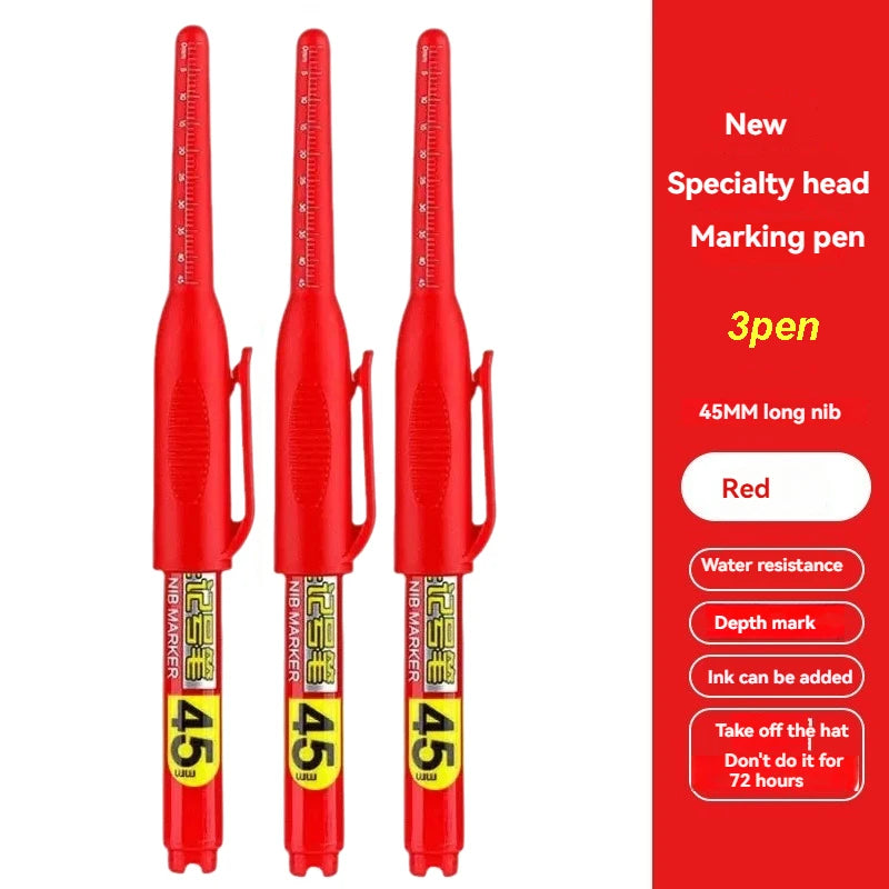 1-12Pcs Multi-Purpose 45mm Deep Drill Hole Long Nib Waterproof Marker Pens for Bathroom Woodworking Long Head Carpenter Pen
