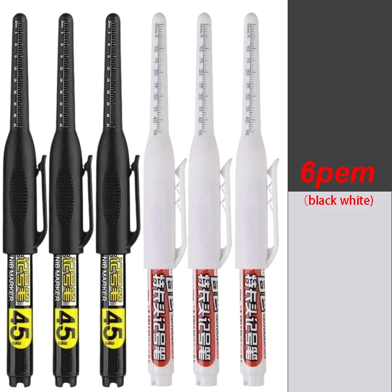 1-12Pcs Multi-Purpose 45mm Deep Drill Hole Long Nib Waterproof Marker Pens for Bathroom Woodworking Long Head Carpenter Pen