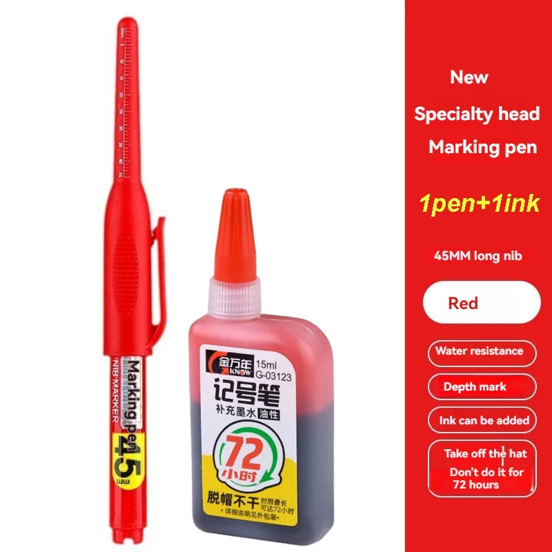 1-12Pcs Multi-Purpose 45mm Deep Drill Hole Long Nib Waterproof Marker Pens for Bathroom Woodworking Long Head Carpenter Pen