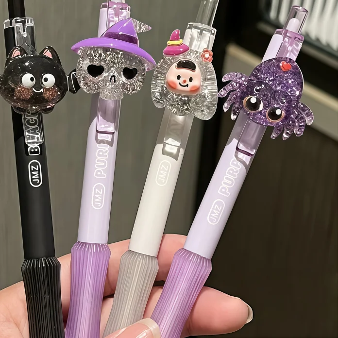 8/4 Pieces with Random Designs, Halloween Limited Edition Glitter-Scented Pendant Gel Pens with Black Ink, Quirky and Fun Style, Smooth Quick-Dry Black Ink, 3D Ghost Pumpkin Glitter Accessories, Sweet and Dark Color Sc