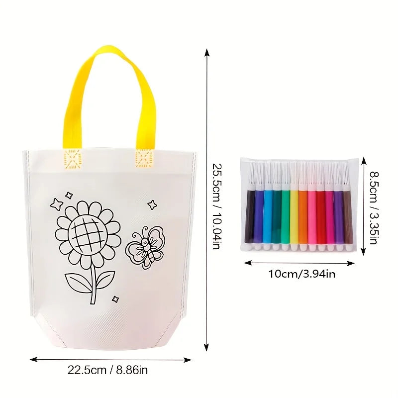 Non-Woven Fabric Hand-Painted Graffiti Bag + Watercolor Pen Set, Cartoon Line Drawing Patterns for DIY Coloring, Blank Painting Tote Bag, Handmade Gift Set