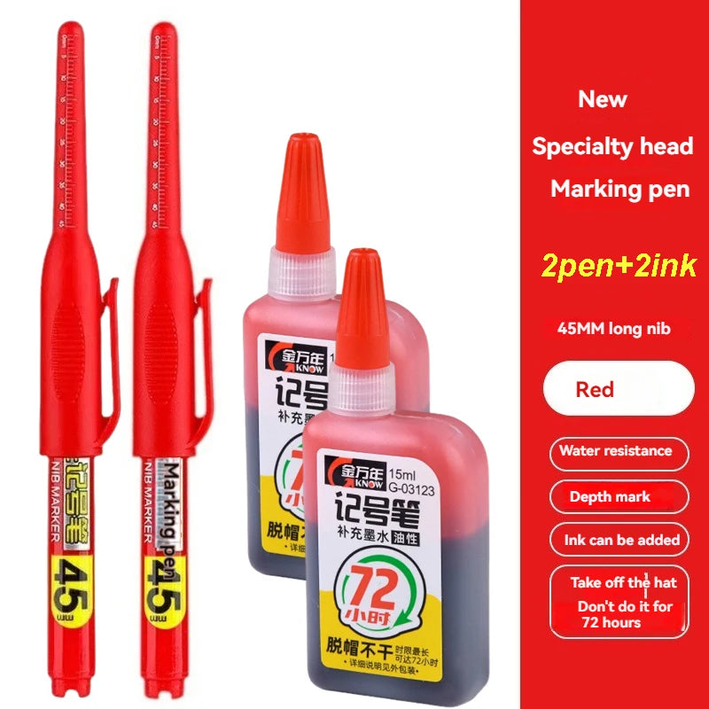 1-12Pcs Multi-Purpose 45mm Deep Drill Hole Long Nib Waterproof Marker Pens for Bathroom Woodworking Long Head Carpenter Pen