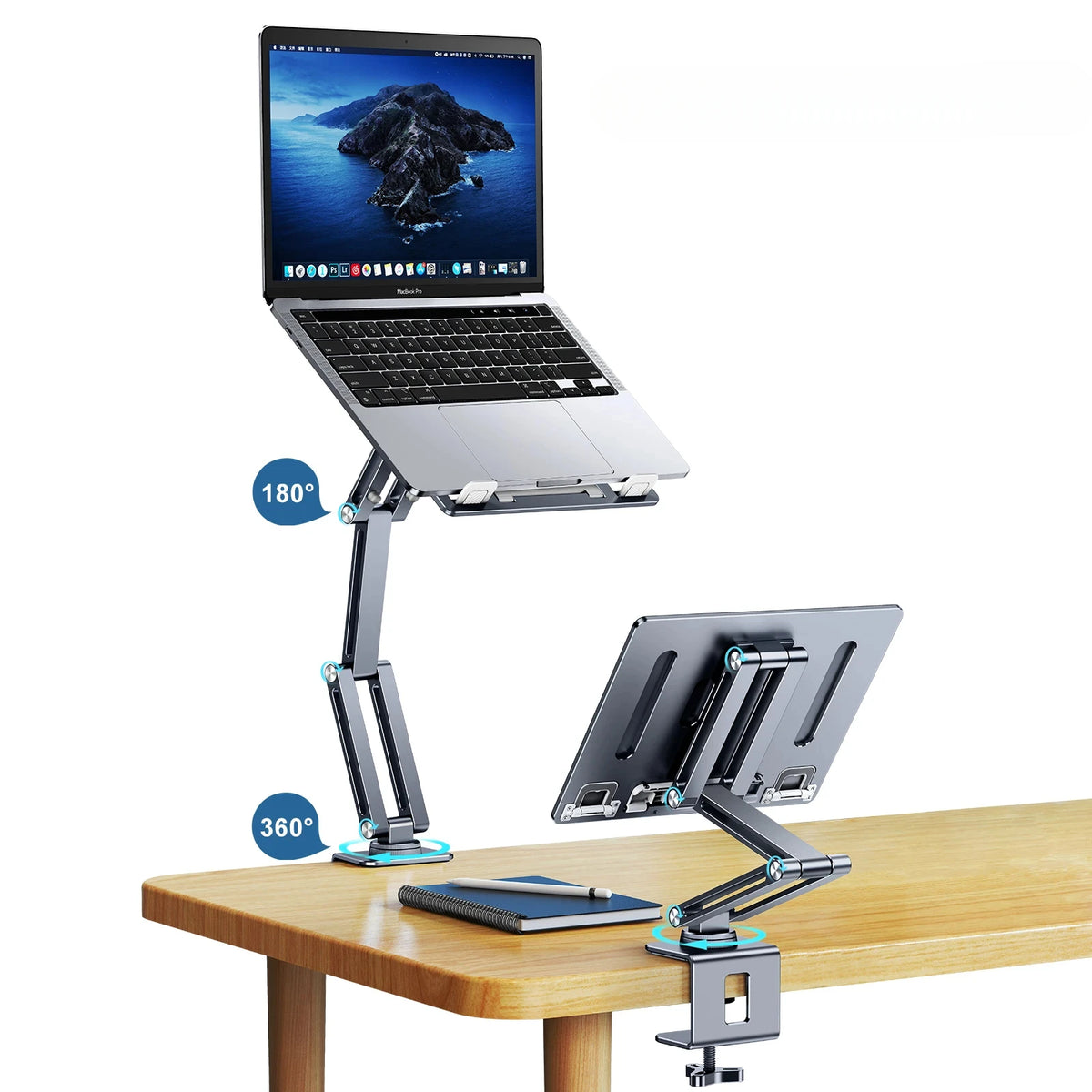 Book/Tablet Holder Adjustable 360° Rotatable Laptop Tablet Stand Clamp, Aluminum Alloy Bracket Holder for Desktop Bed Reading