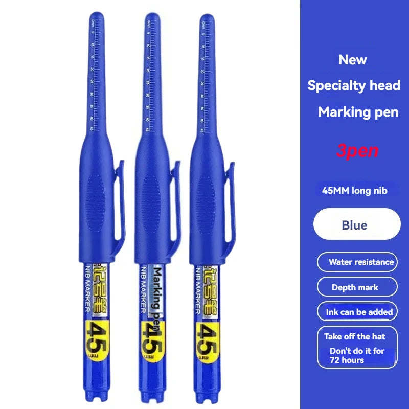1-12Pcs Multi-Purpose 45mm Deep Drill Hole Long Nib Waterproof Marker Pens for Bathroom Woodworking Long Head Carpenter Pen