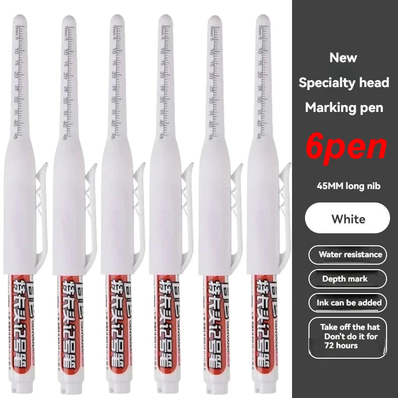 1-12Pcs Multi-Purpose 45mm Deep Drill Hole Long Nib Waterproof Marker Pens for Bathroom Woodworking Long Head Carpenter Pen