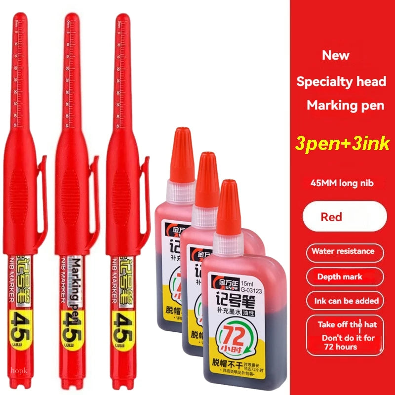 1-12Pcs Multi-Purpose 45mm Deep Drill Hole Long Nib Waterproof Marker Pens for Bathroom Woodworking Long Head Carpenter Pen