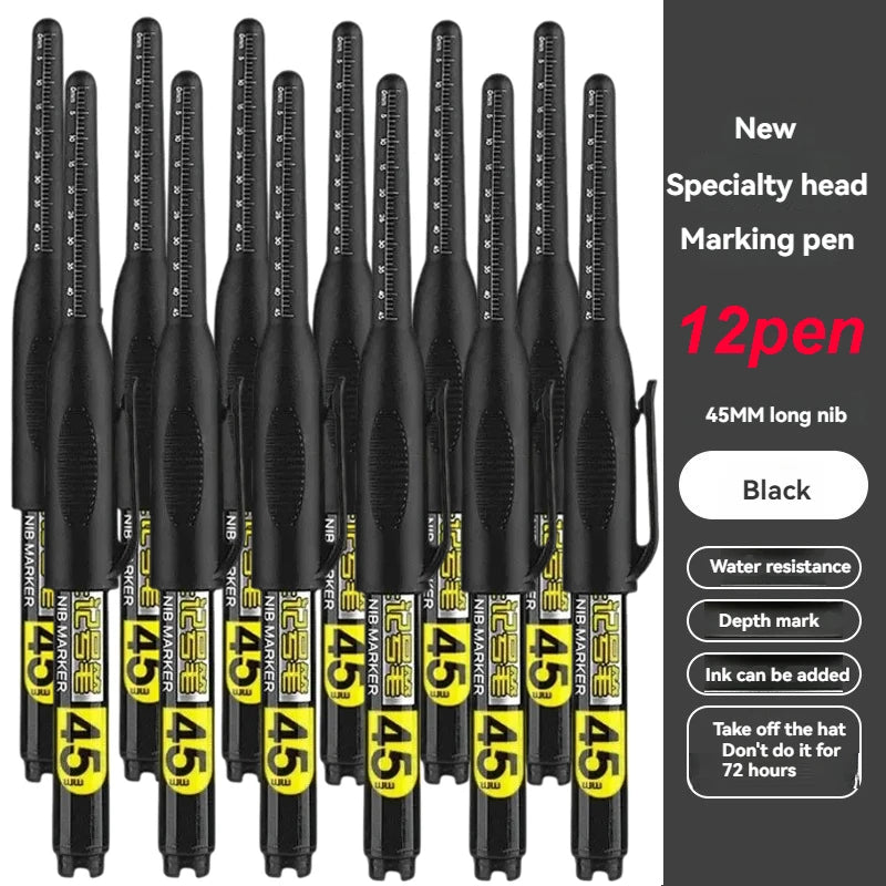 1-12Pcs Multi-Purpose 45mm Deep Drill Hole Long Nib Waterproof Marker Pens for Bathroom Woodworking Long Head Carpenter Pen