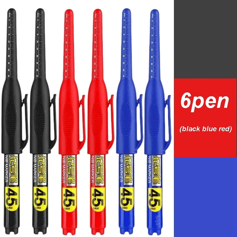 1-12Pcs Multi-Purpose 45mm Deep Drill Hole Long Nib Waterproof Marker Pens for Bathroom Woodworking Long Head Carpenter Pen