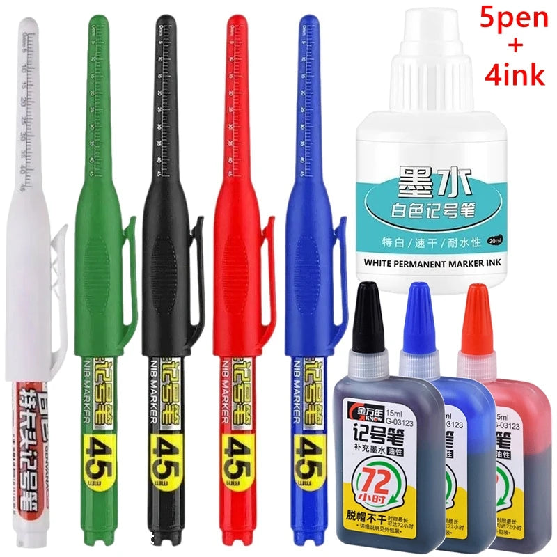 1-12Pcs Multi-Purpose 45mm Deep Drill Hole Long Nib Waterproof Marker Pens for Bathroom Woodworking Long Head Carpenter Pen