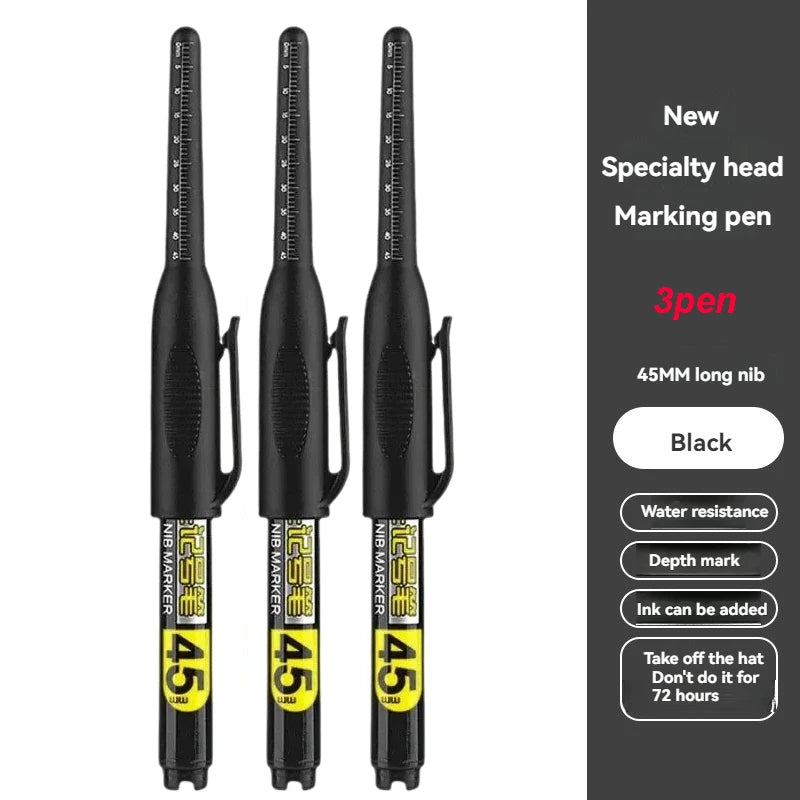 1-12Pcs Multi-Purpose 45mm Deep Drill Hole Long Nib Waterproof Marker Pens for Bathroom Woodworking Long Head Carpenter Pen
