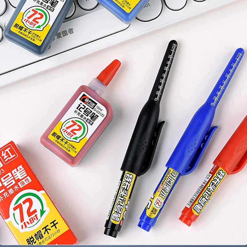 1-12Pcs Multi-Purpose 45mm Deep Drill Hole Long Nib Waterproof Marker Pens for Bathroom Woodworking Long Head Carpenter Pen