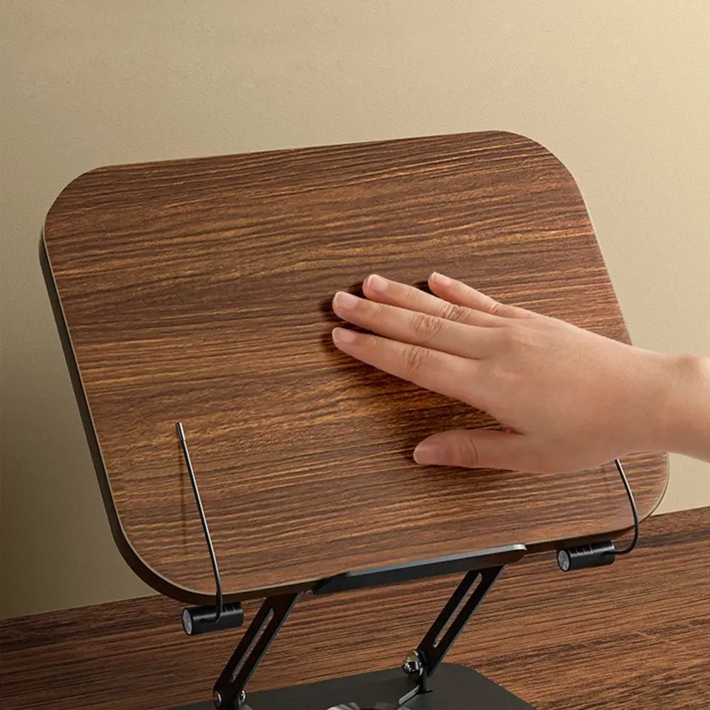 Solid Wood Reading Rack Foldable 360° Rotating Base Book Stand Adjustable with Elastic Page Clips Laptop Holder Desktop Riser
