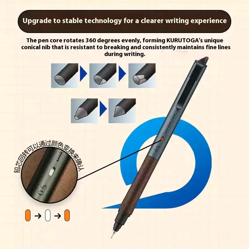 Uni Kuru Toga Wooden Metal Mechanical Pencil M5-KW/KH 0.5MM Heavy Duty Automatic Pencil Back To School Stationery Supplies