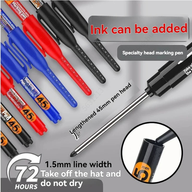 1-12Pcs Multi-Purpose 45mm Deep Drill Hole Long Nib Waterproof Marker Pens for Bathroom Woodworking Long Head Carpenter Pen