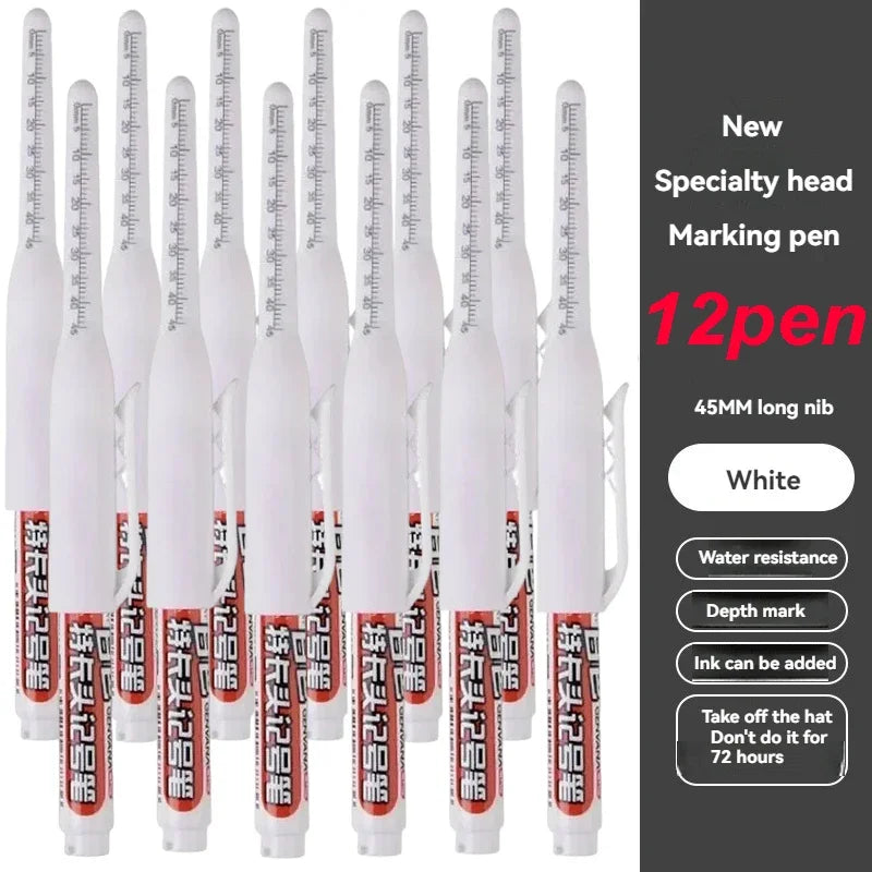 1-12Pcs Multi-Purpose 45mm Deep Drill Hole Long Nib Waterproof Marker Pens for Bathroom Woodworking Long Head Carpenter Pen