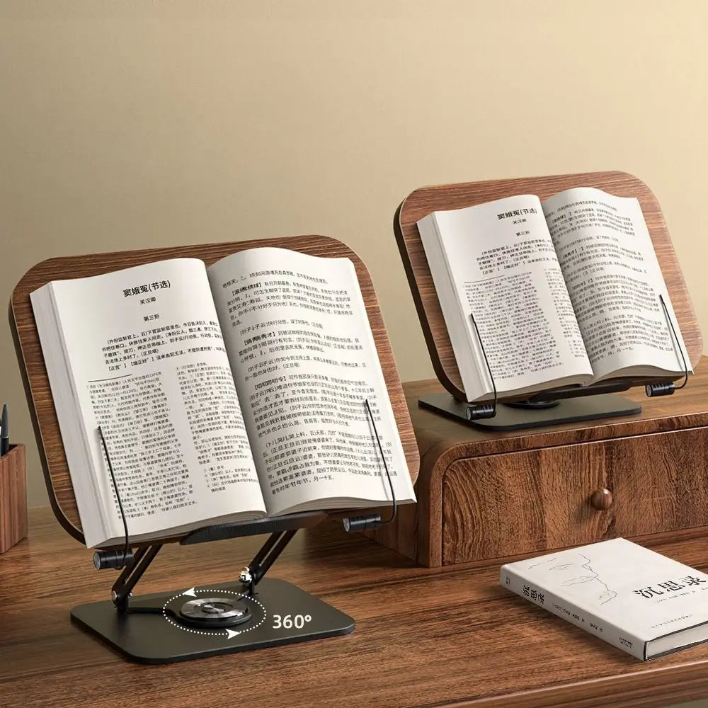 Solid Wood Reading Rack Foldable 360° Rotating Base Book Stand Adjustable with Elastic Page Clips Laptop Holder Desktop Riser