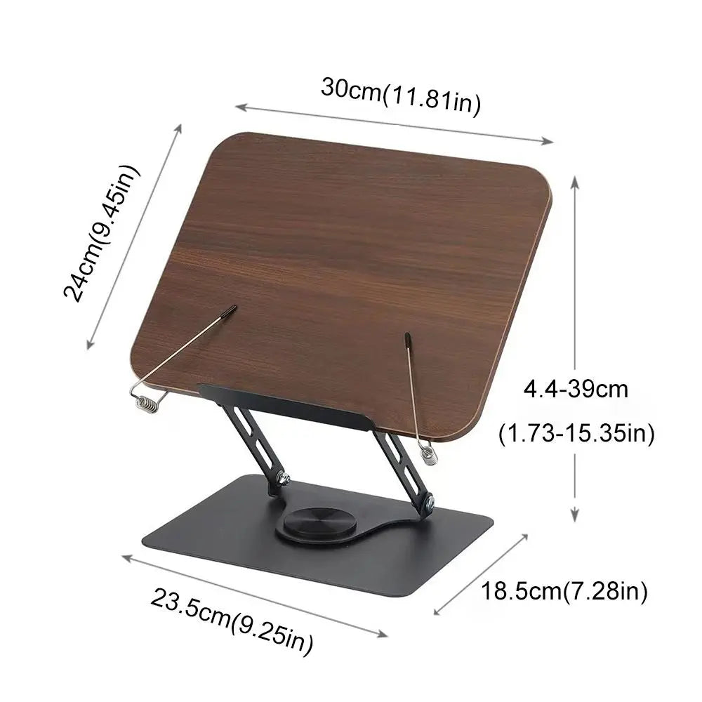 Solid Wood Reading Rack Foldable 360° Rotating Base Book Stand Adjustable with Elastic Page Clips Laptop Holder Desktop Riser
